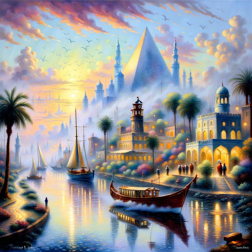 Ethereal Fantasy Cairo Boat Scene in Whimsical Hyperdetail