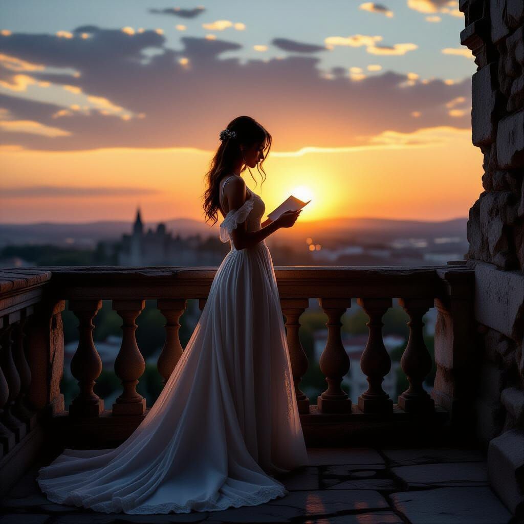Singer on Castle Balcony at Sunset in Hyperrealistic Style