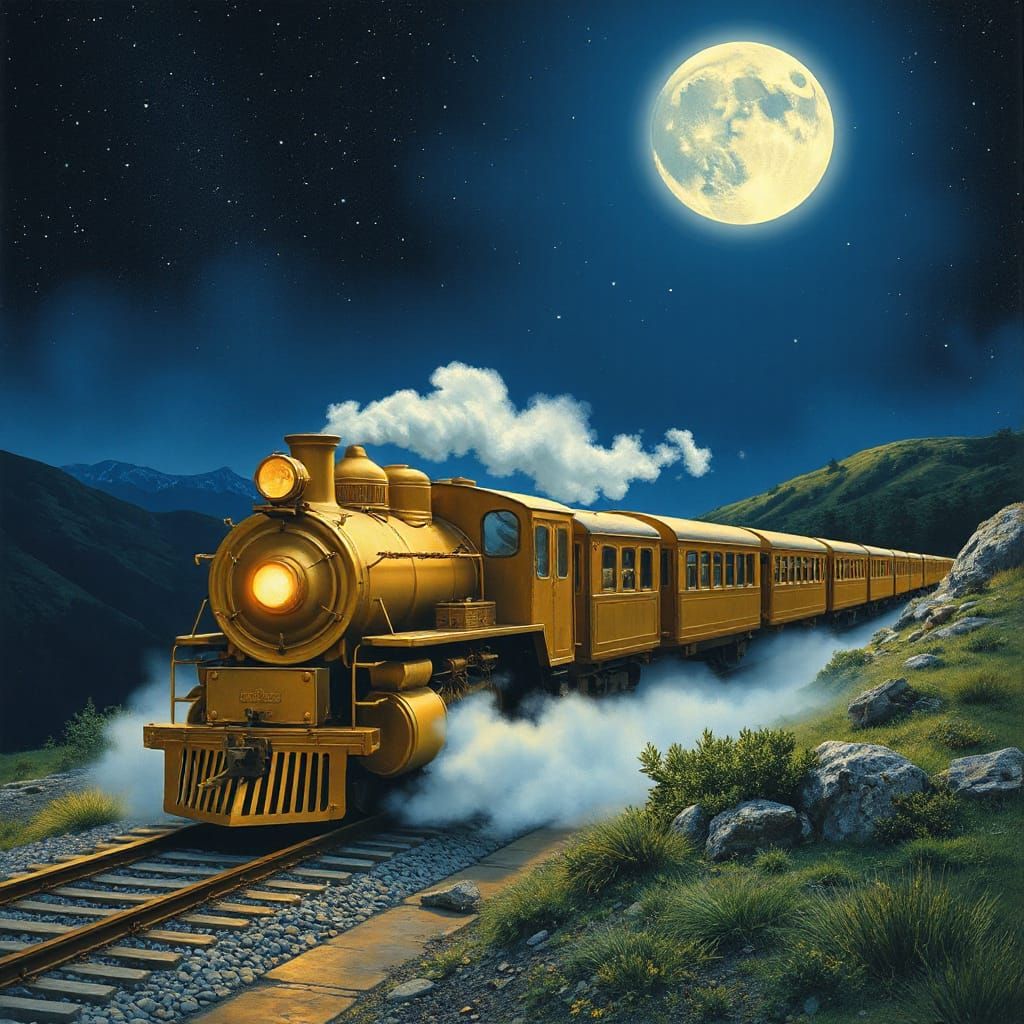 Vintage Gold Train Under Full Round Moon
