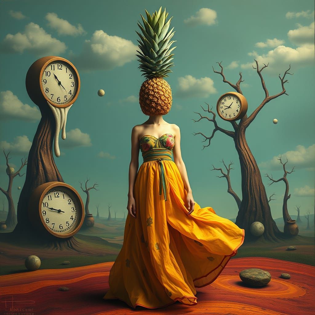 Surreal Woman with Pineapple Head in Dreamlike Landscape