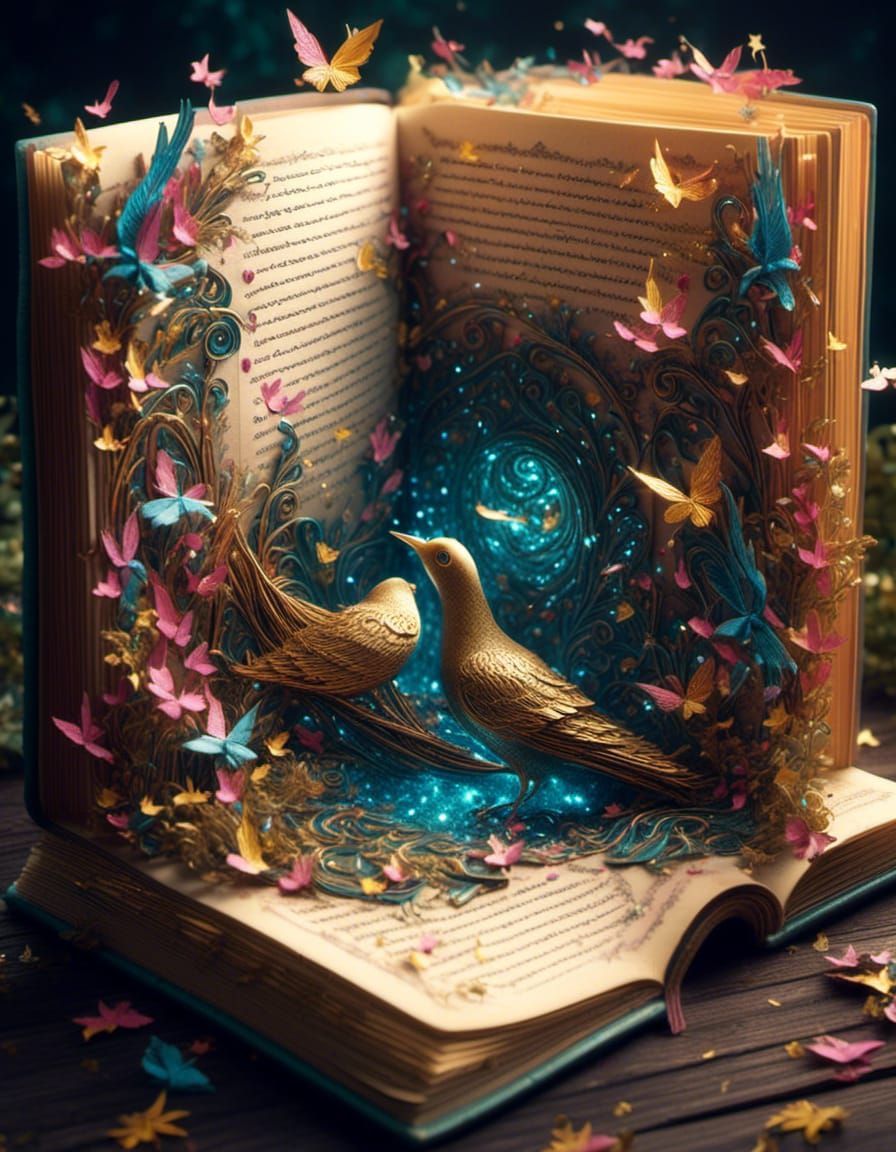 Realistic Open Book with Glittering Writing and Swirling Pap...