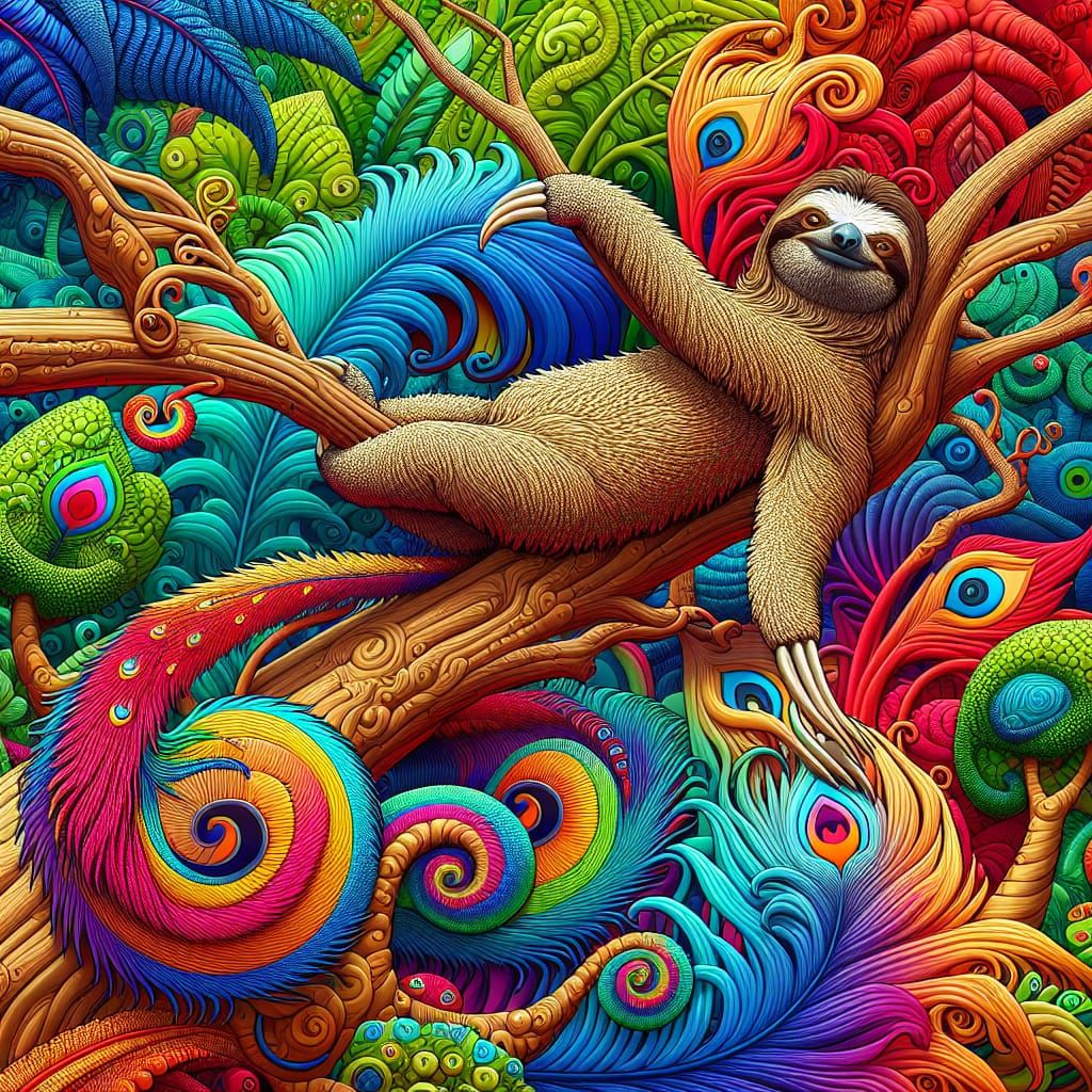 Lazily Perched Jungle Sloth with Vibrant Peacock Tail