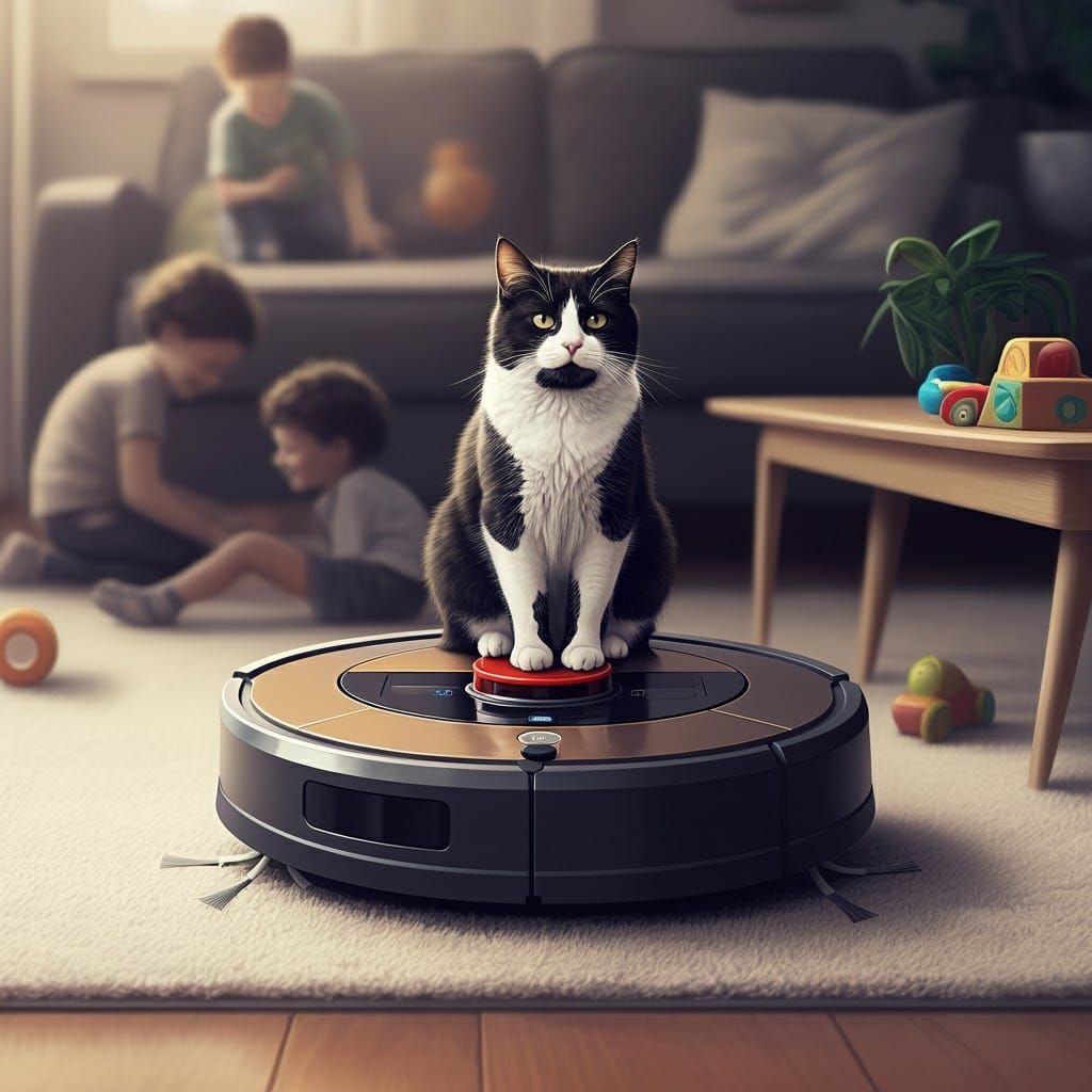 Regal Feline Kingdom: Cat Seeks Control on Roomba Throne