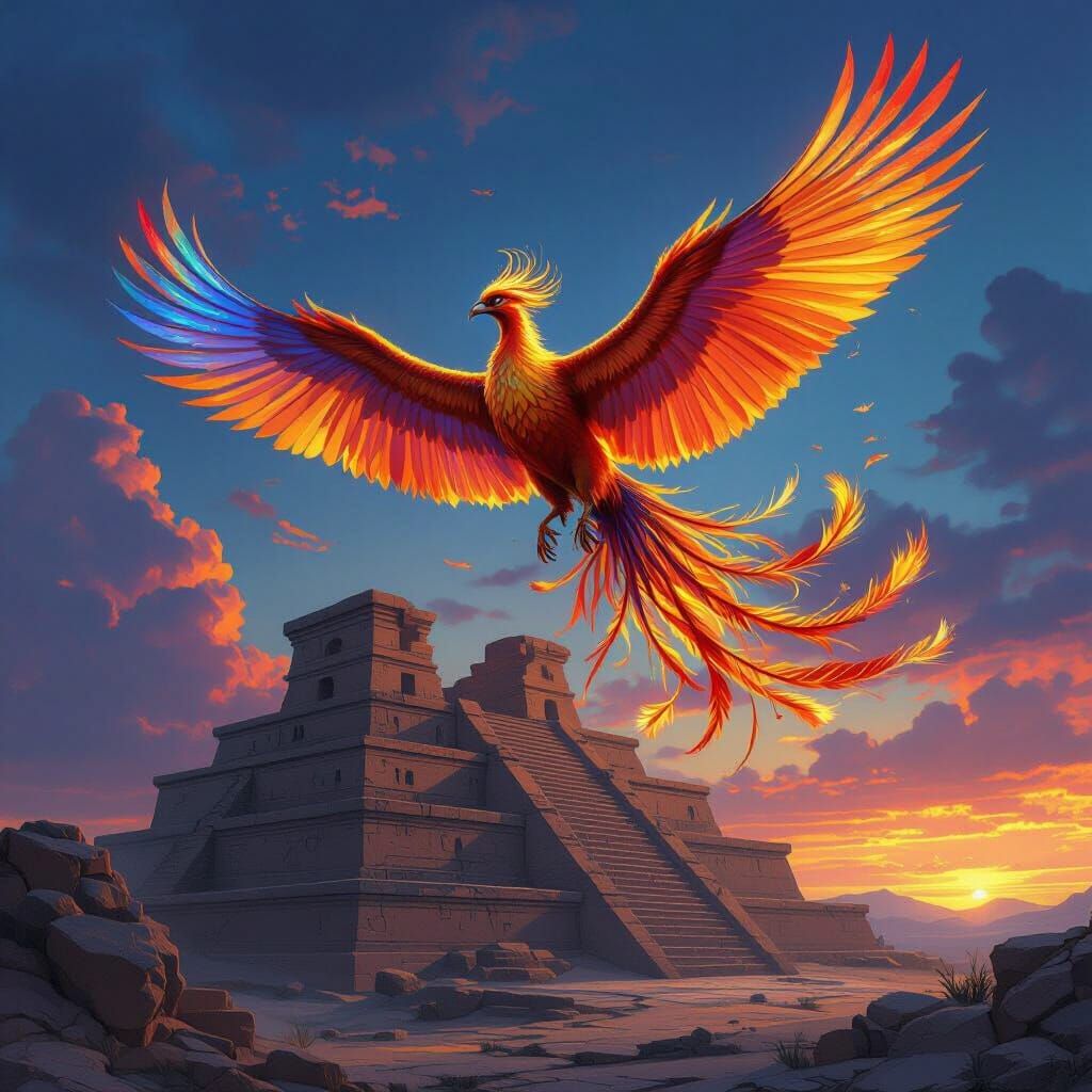 Fiery Phoenix Soaring Above Ancient Ziggurat