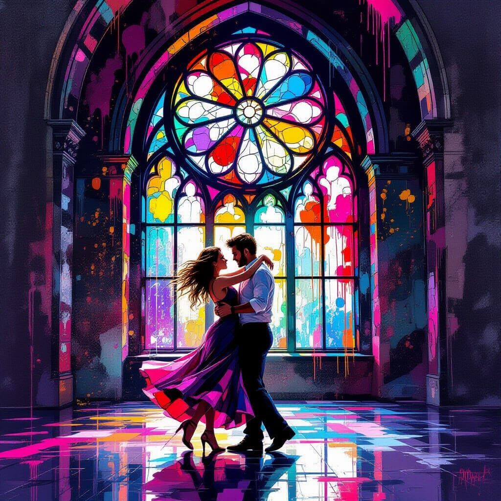 Couple Dancing Before Stained Glass in Graffiti Art Style