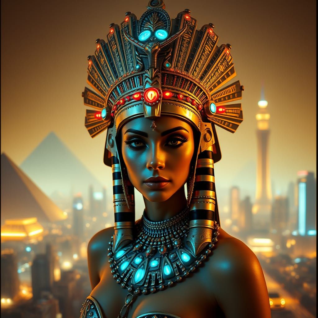 Cyberpunk Queen of the Nile in Futuristic Egyptian Splendor