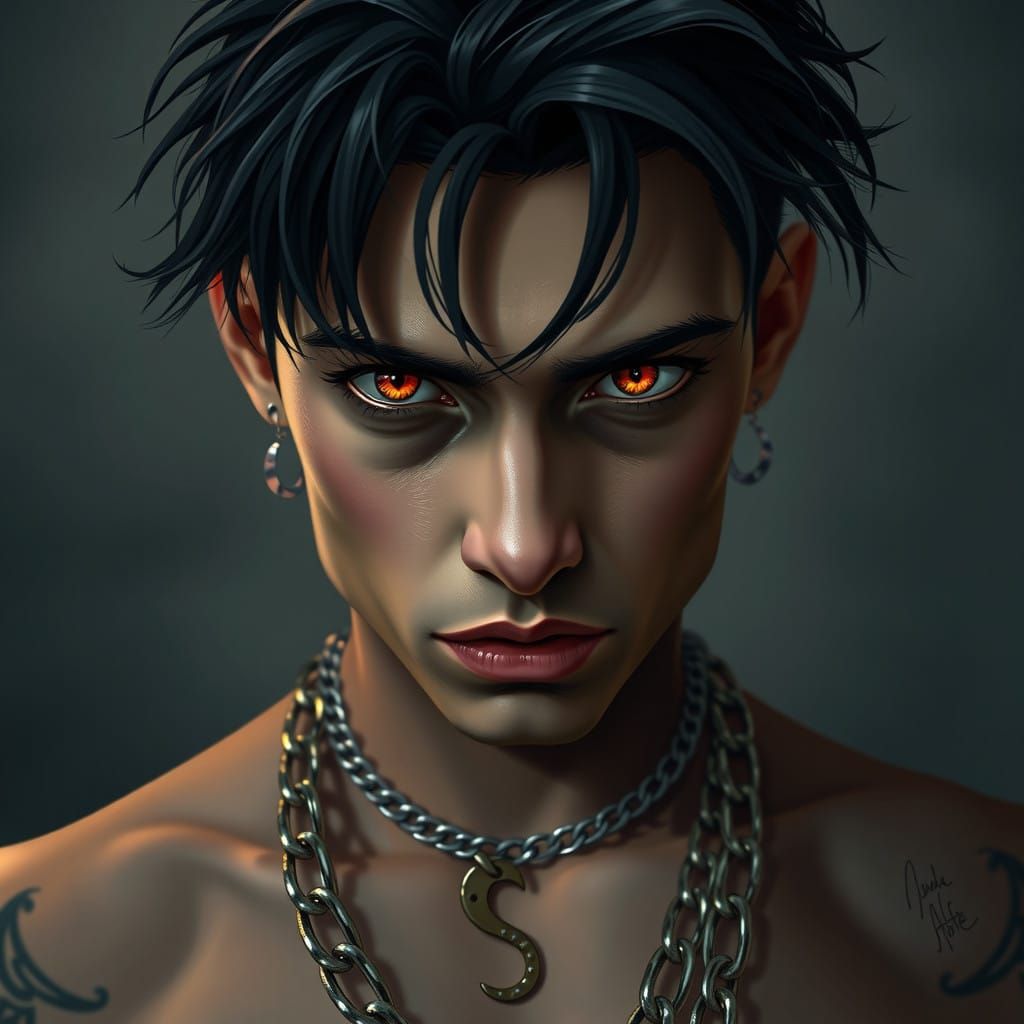 Androgynous Youth Radiates Intensity in Chain-Adorned Portra...