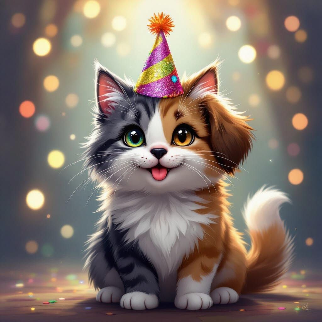 Whimsical Cat-Dog Chimera in Sparkly Hat