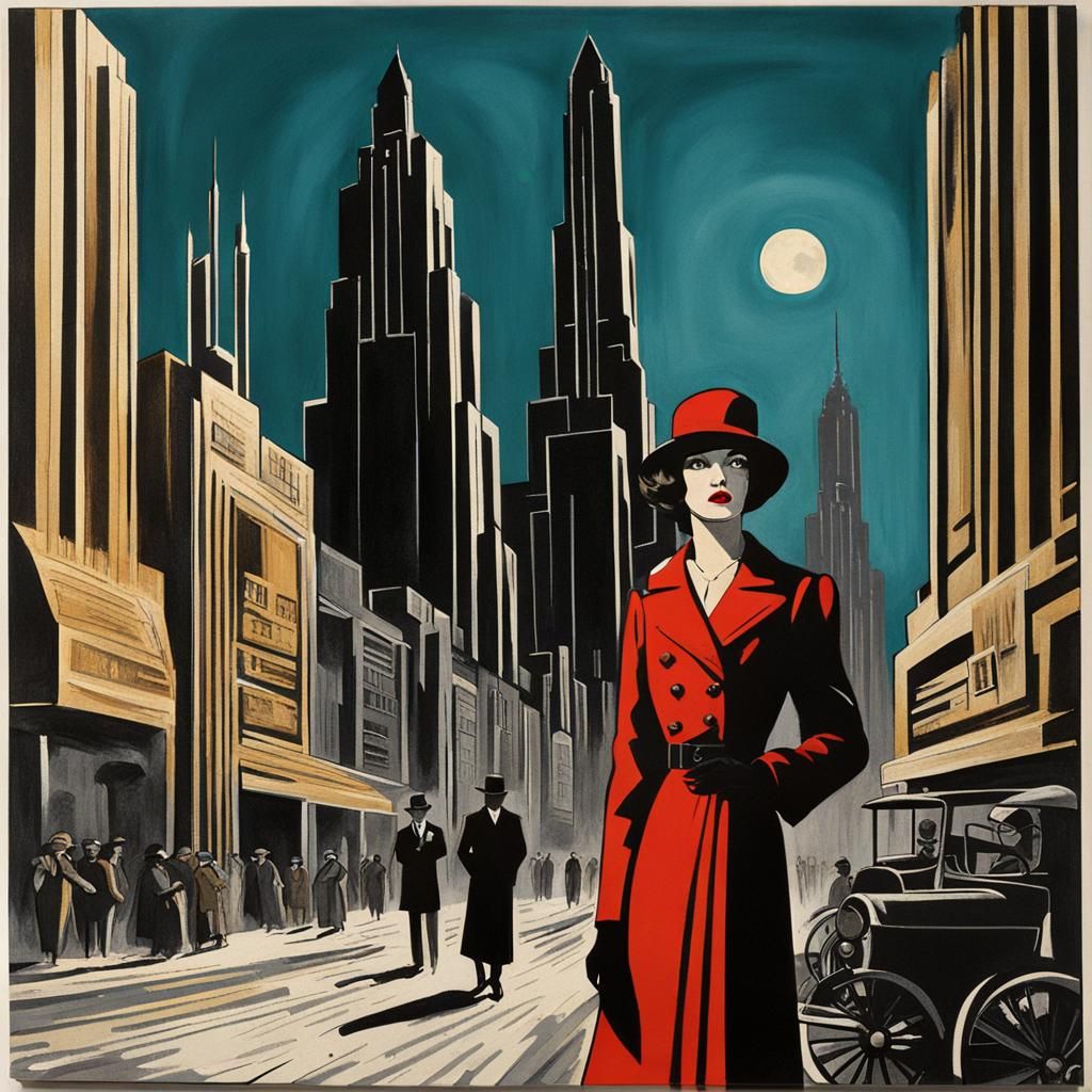 1920s Femme Fatale in Art Deco Cityscape
