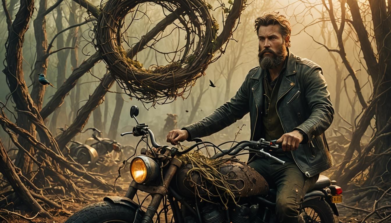 Biker Man in Dreamlike Nature Scene with Textured Elements a...