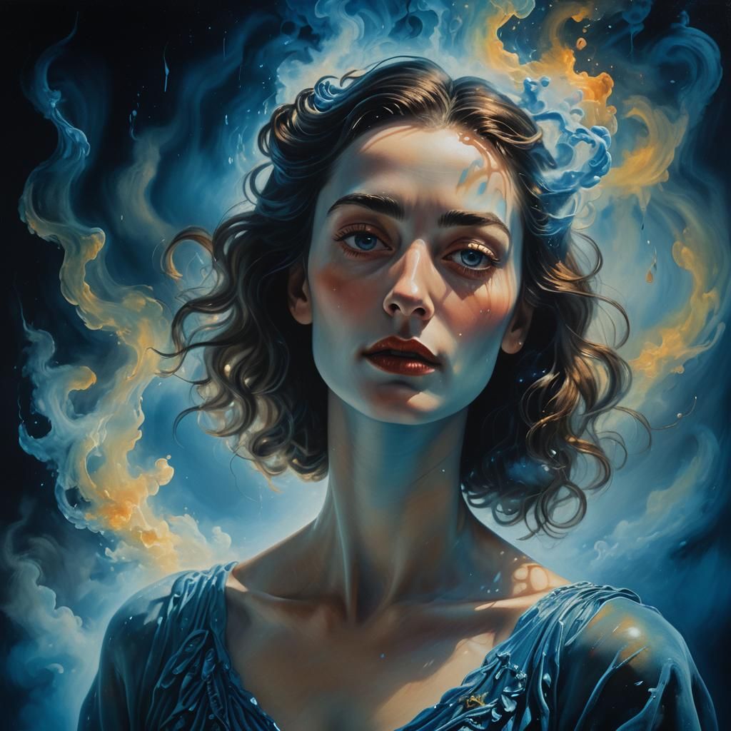 Surrealist Woman Enveloped by Iridescent Blues