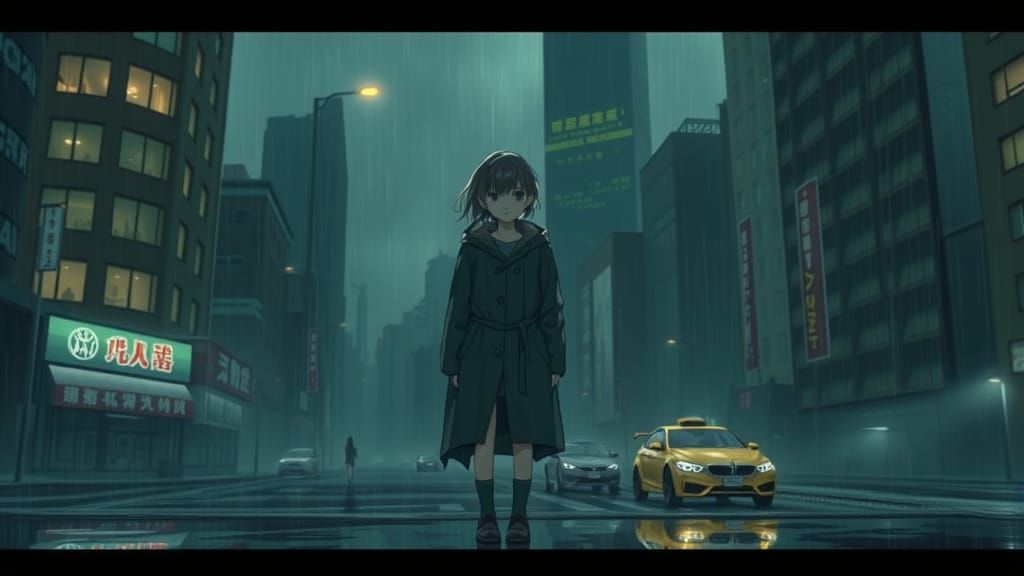 Dystopian Anime Girl in Rainy Cityscape