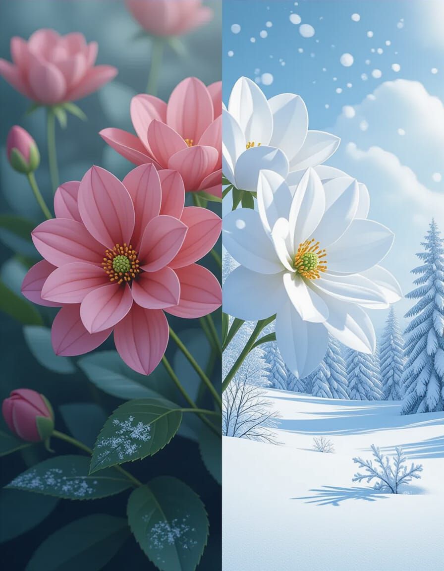 Dual Split: Flowers Bloom Beside Snowy Landscape