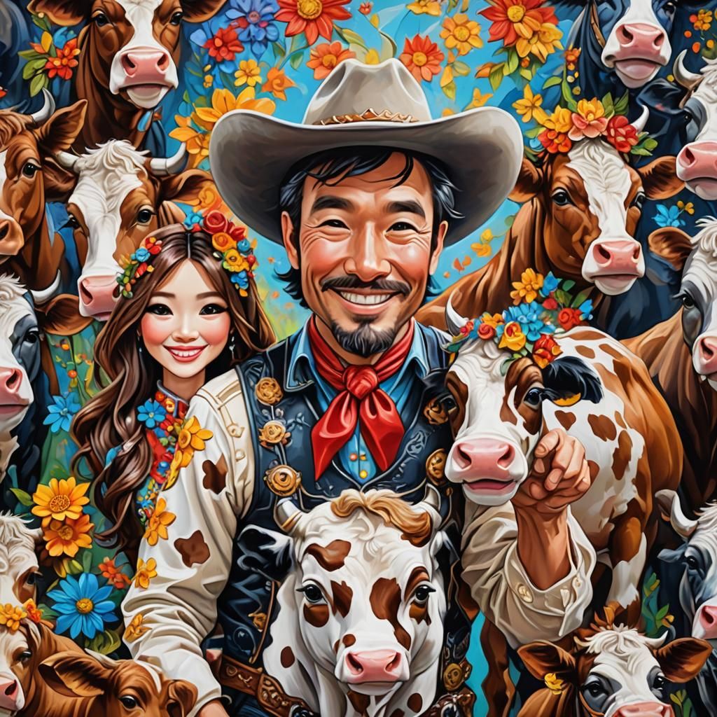Chibi Cowboys Mr. and Mrs. in Colorful Oil Painting