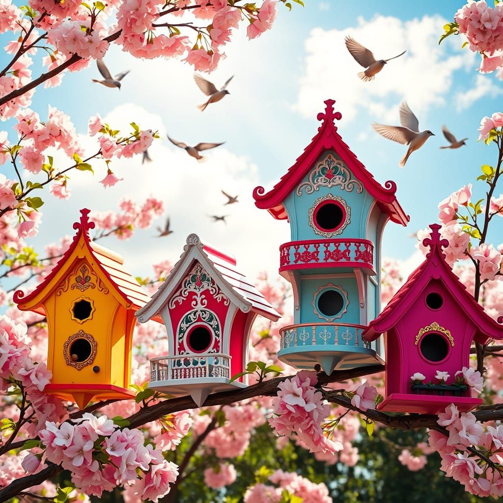 Colorful Victorian Birdhouses on Cherry Tree