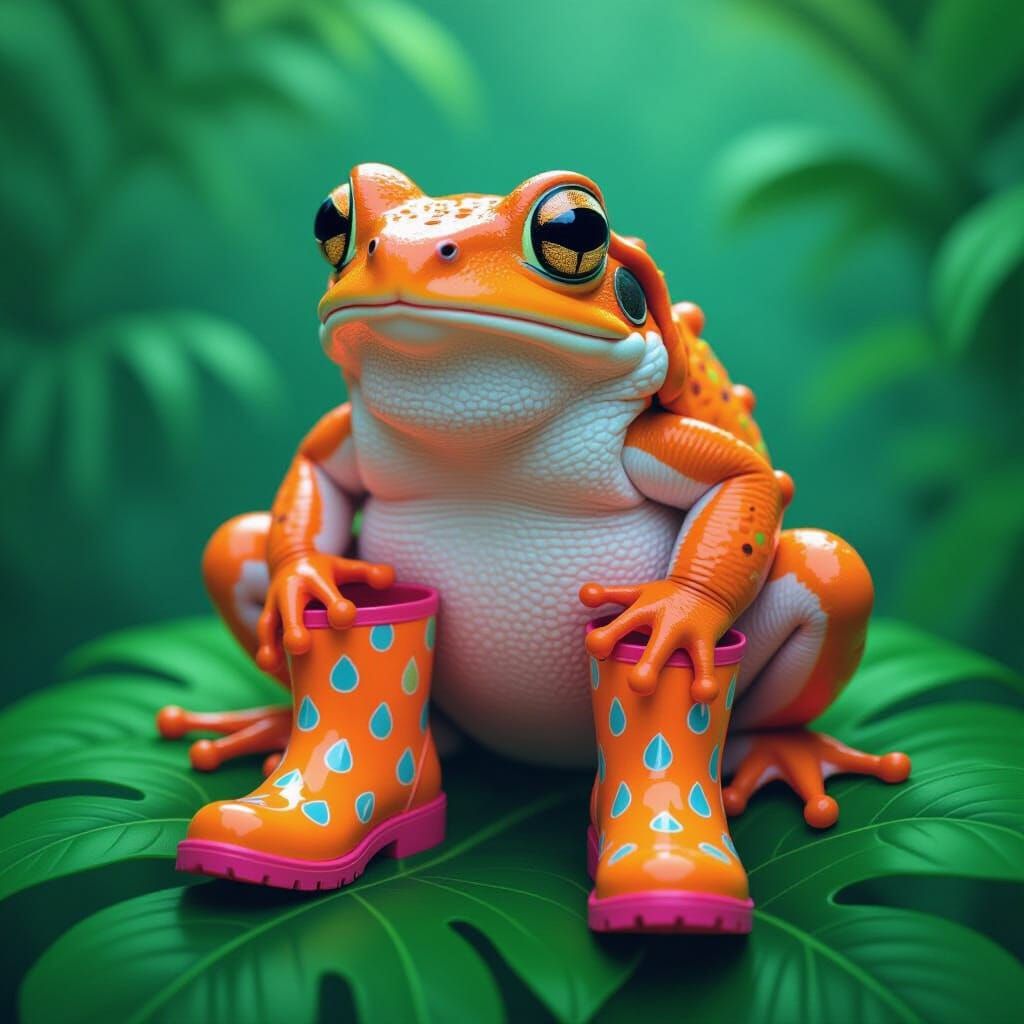 A neon orange poisonous toad on a neon green tropic leaves.....