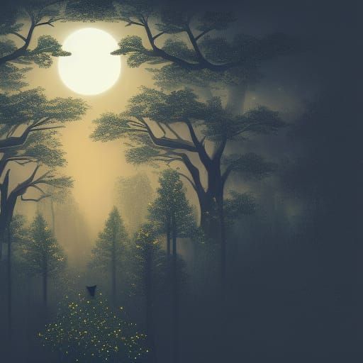 Golden Tree Illuminates Dark Forest at Night