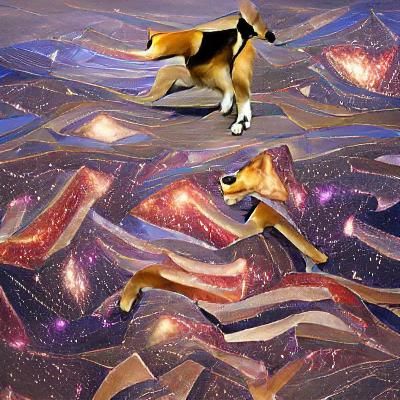 Cubist Hound Soars Amidst Vibrant Galaxy