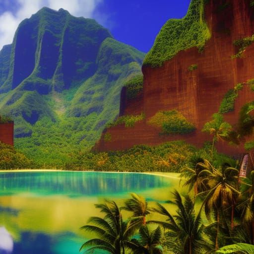 Surrealistic Tahitian Island Scene in Vivid Fantasy Art