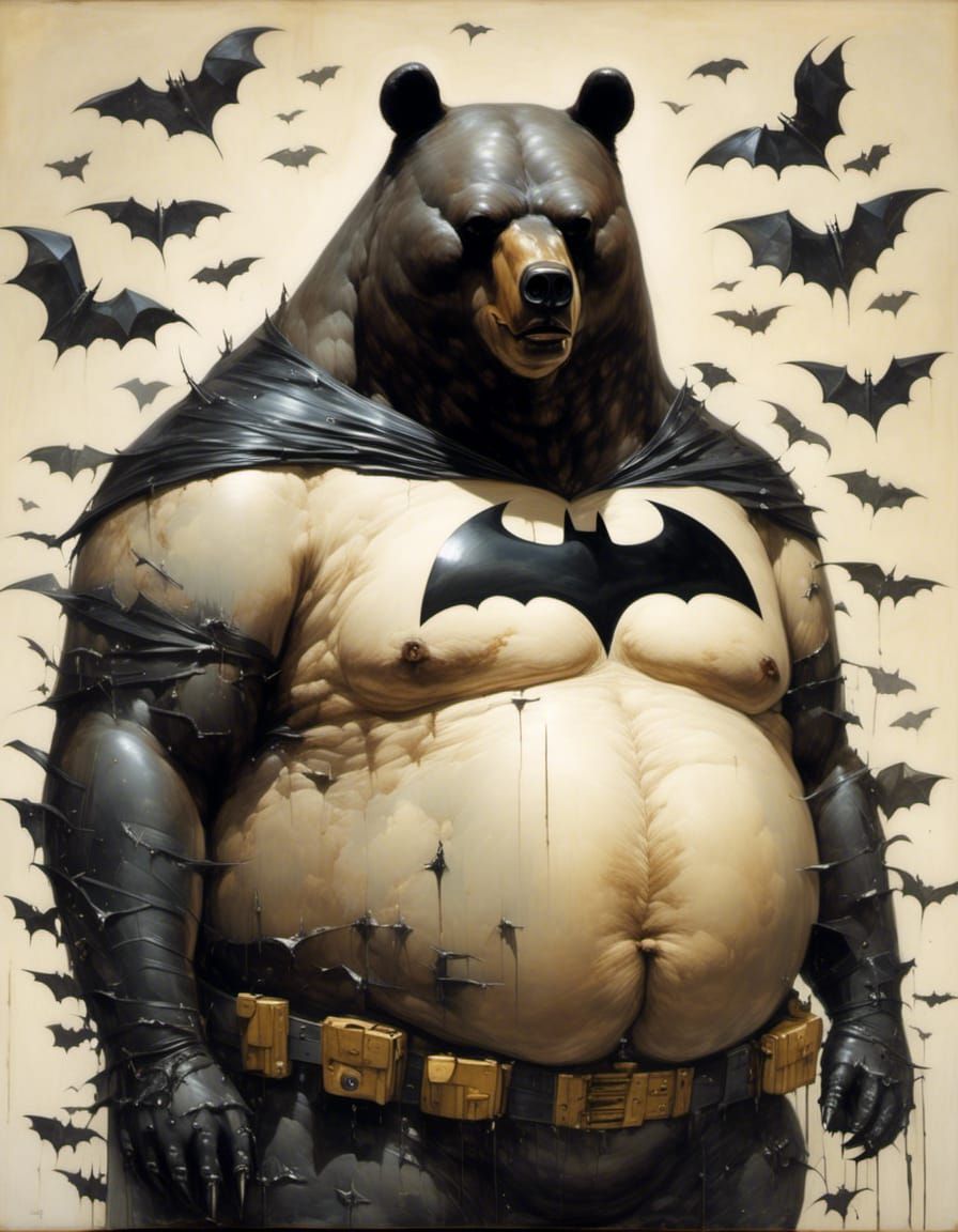 Obese Bear Batman Portrait in Dark Humor Comic Book Style