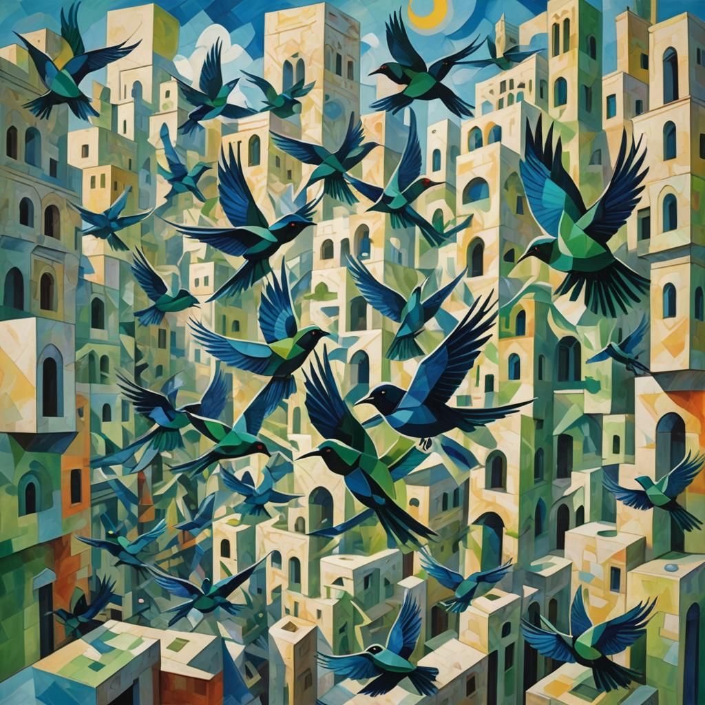 Neo-Cubist Flock Soars in Futuristic Mecca Cityscape