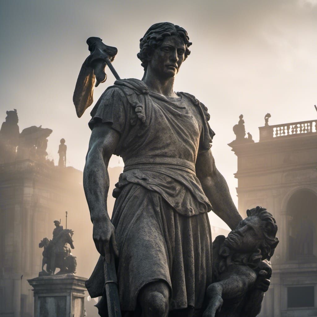 <lora:Live Statues SDXL:1.0> Looking up at A concrete statue of a warrior