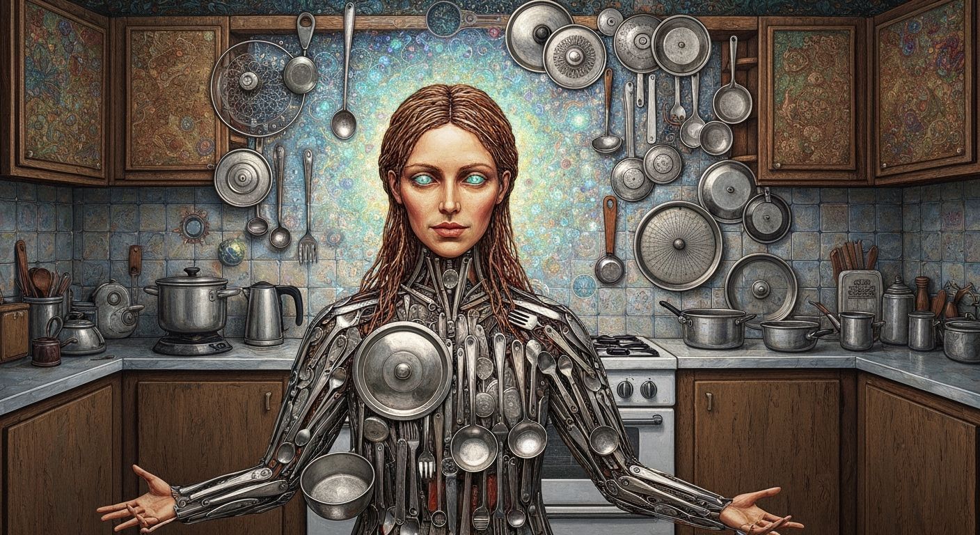 Woman Made of Kitchenware with Opal Eyes