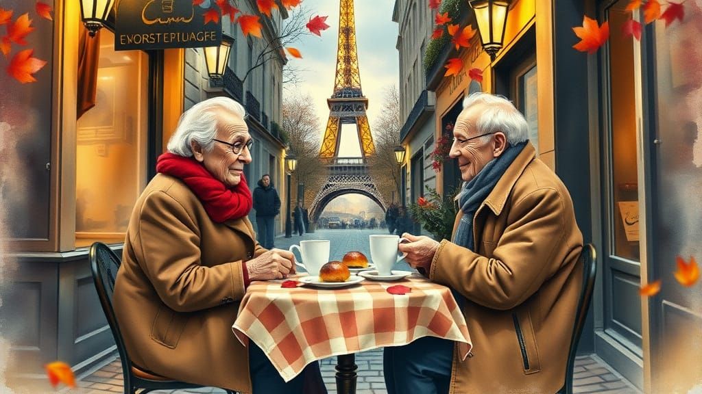 Romantic Parisian Cafe Scene in Impressionist Style