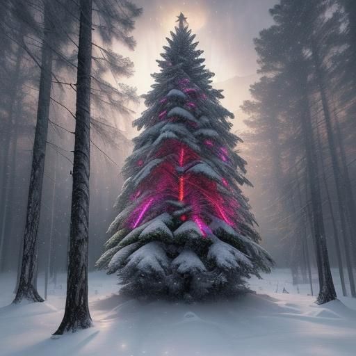 Surreal Crystal Christmas Tree Illuminated in Snowy Sunset