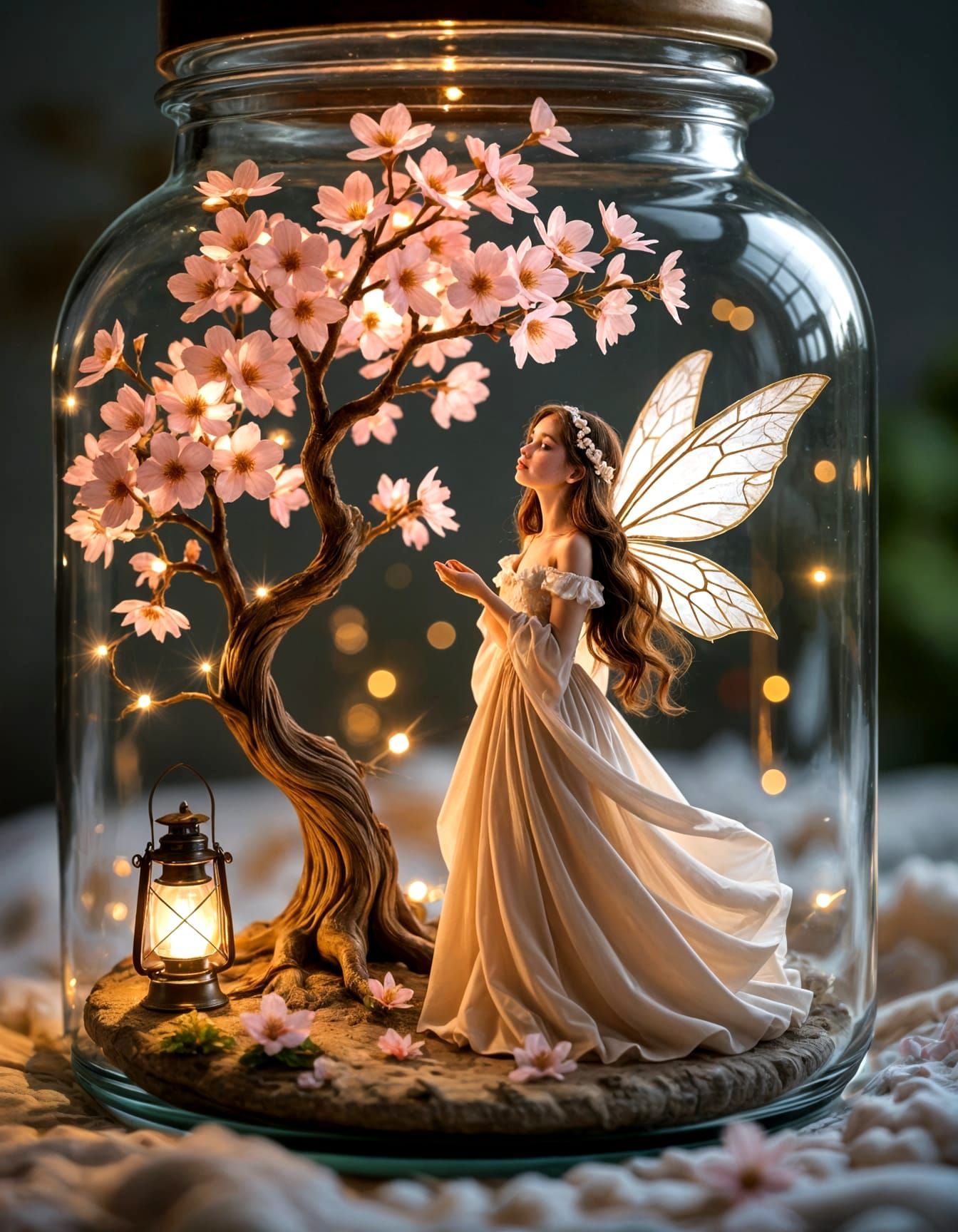 Enchanted Woman and Cherry Blossom Inside a Jar