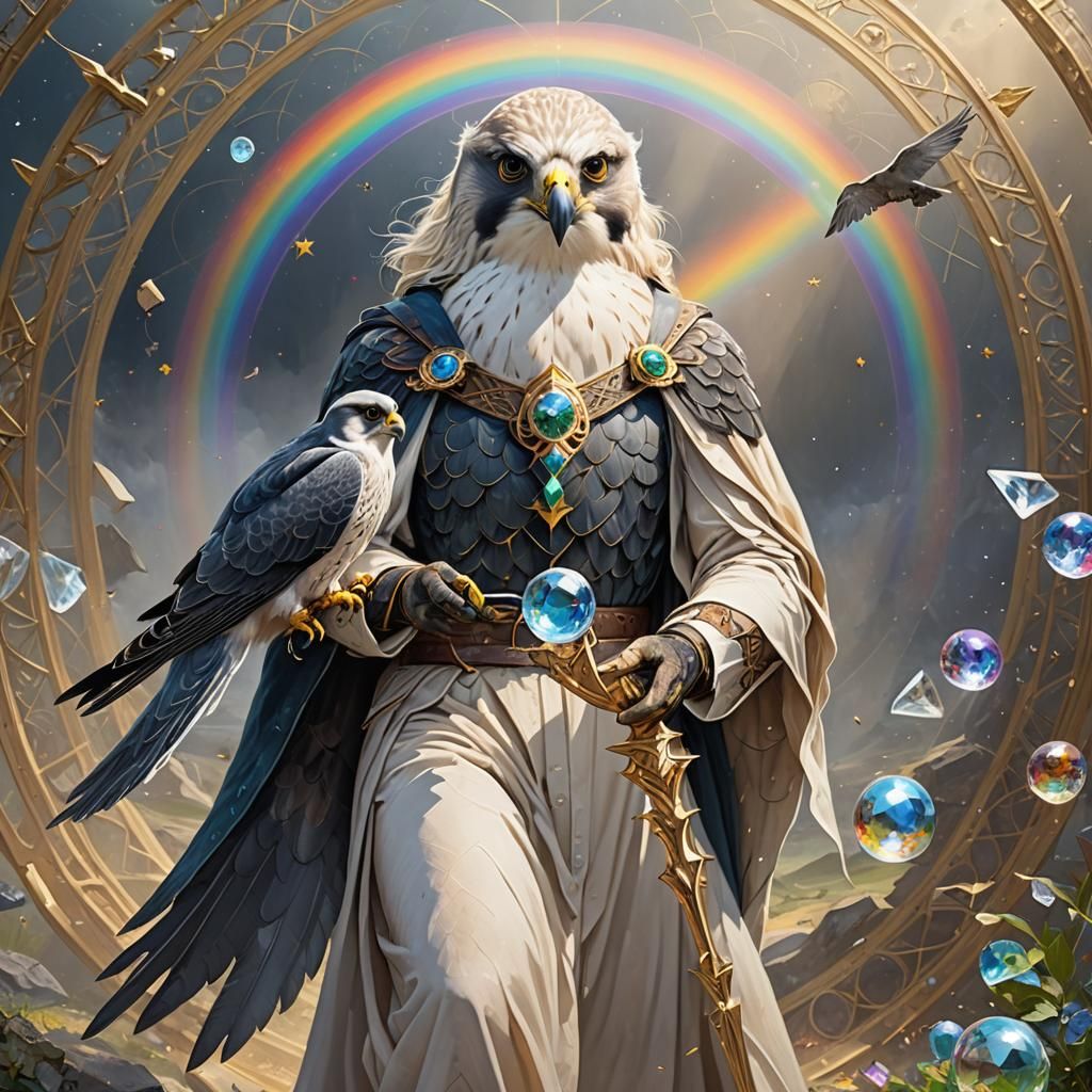 Mystical Blond Witch Enchants Peregine Falcon with Rainbow G...