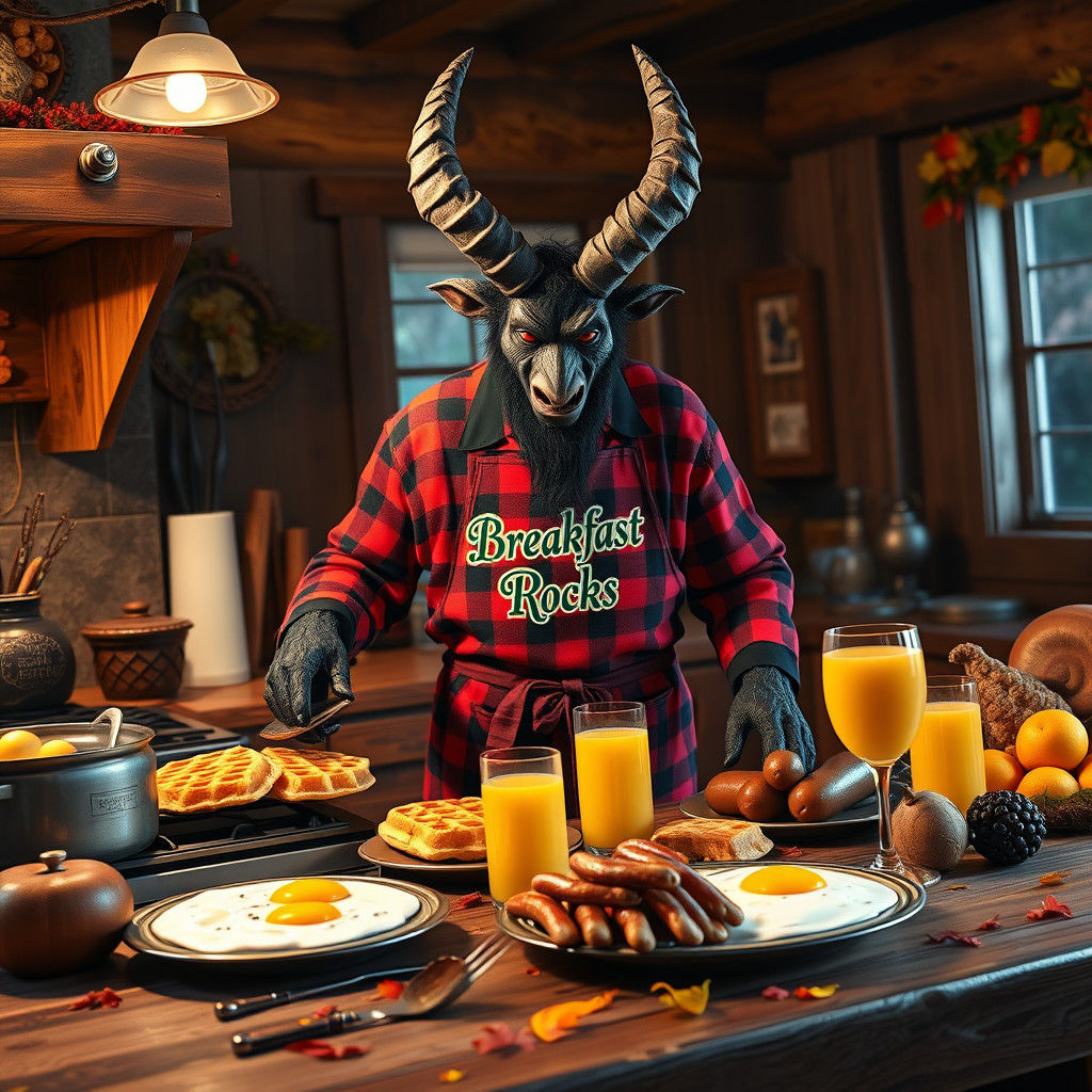 Krampus Prepares Whimsical Breakfast in Cozy Autumn Kitchen