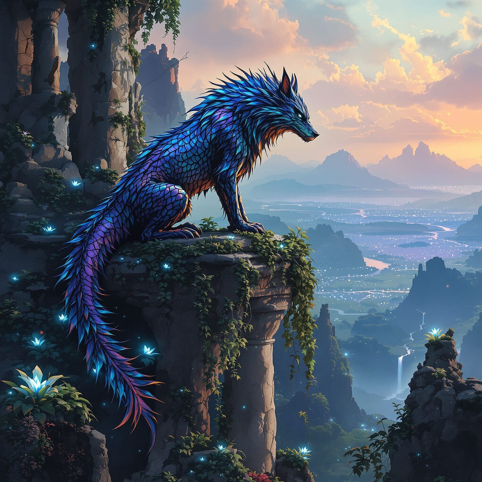 Wolf-Dragon Hybrid on Ancient Ruin in Ethereal Light