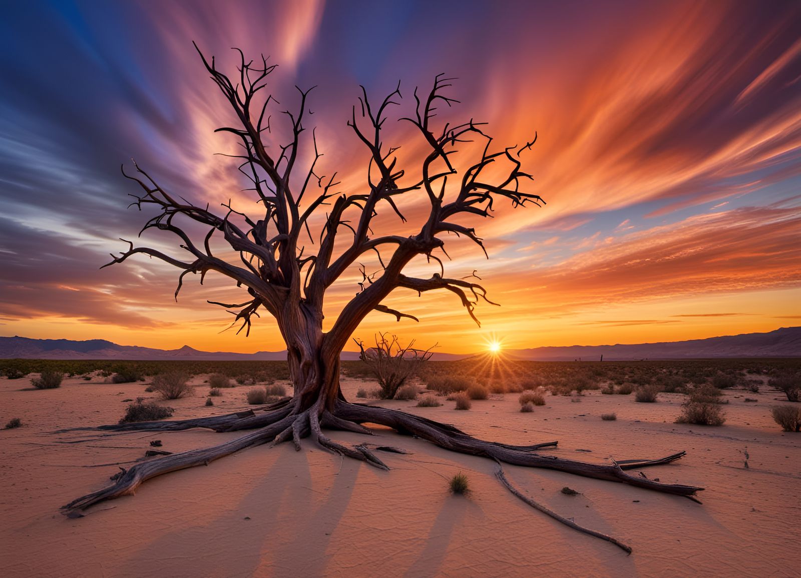A magnificent sunset behind a single dead tree in a barren desert.