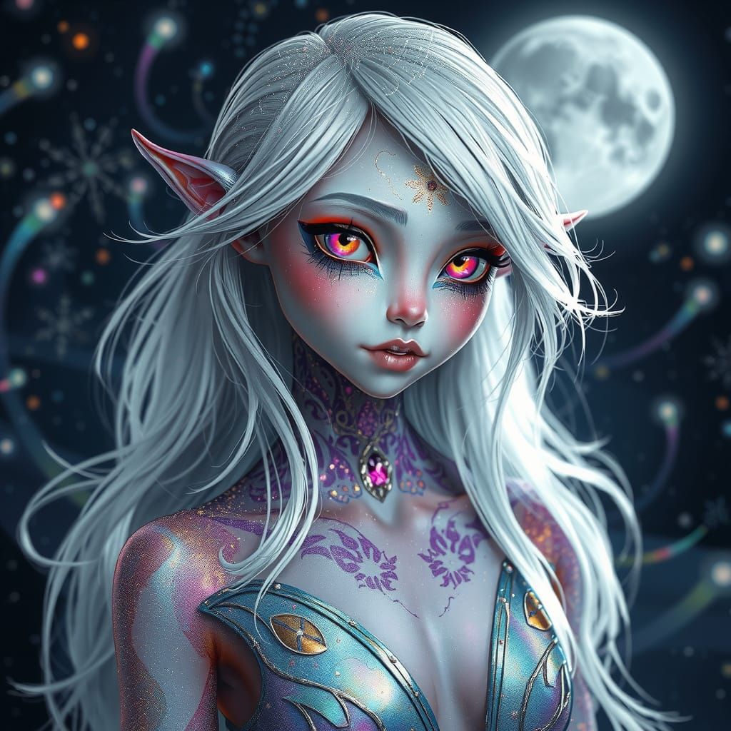 Celestial Fae with Shimmering Silver Hair and Multicolored E...