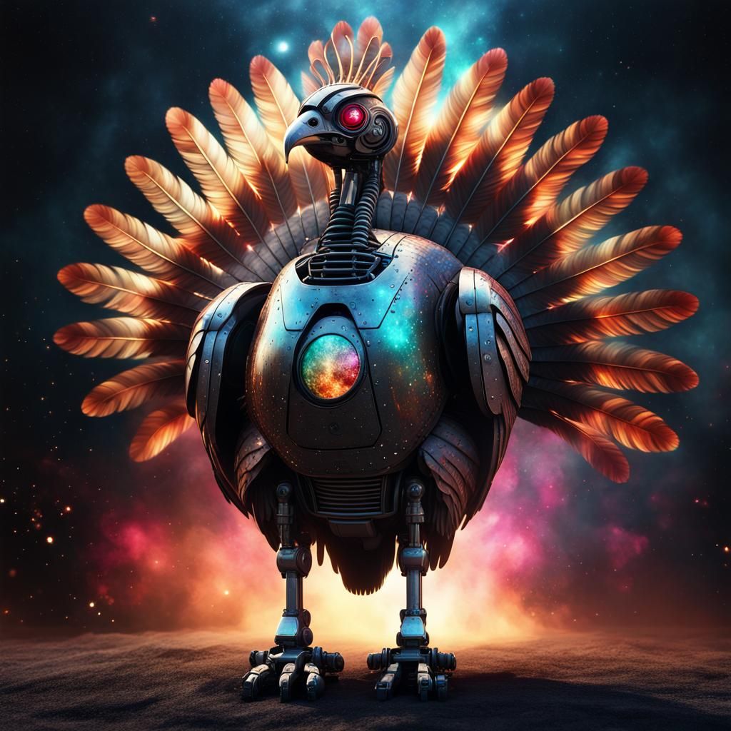 Surreal Robot Turkey Confronts Cosmic Night in 2.5D Digital....