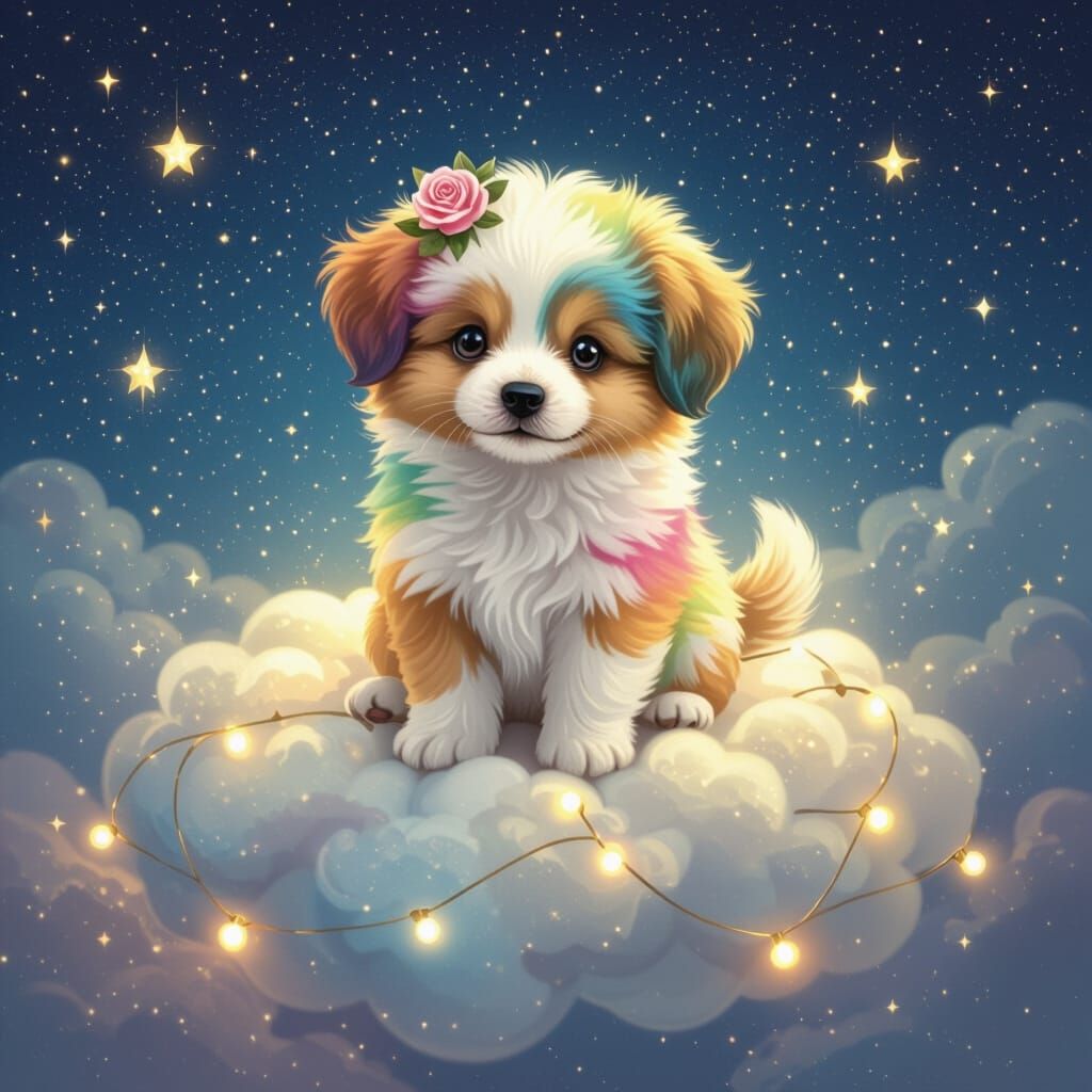 Rainbow Puppy on Star Cloud with Rose, Realistic Style