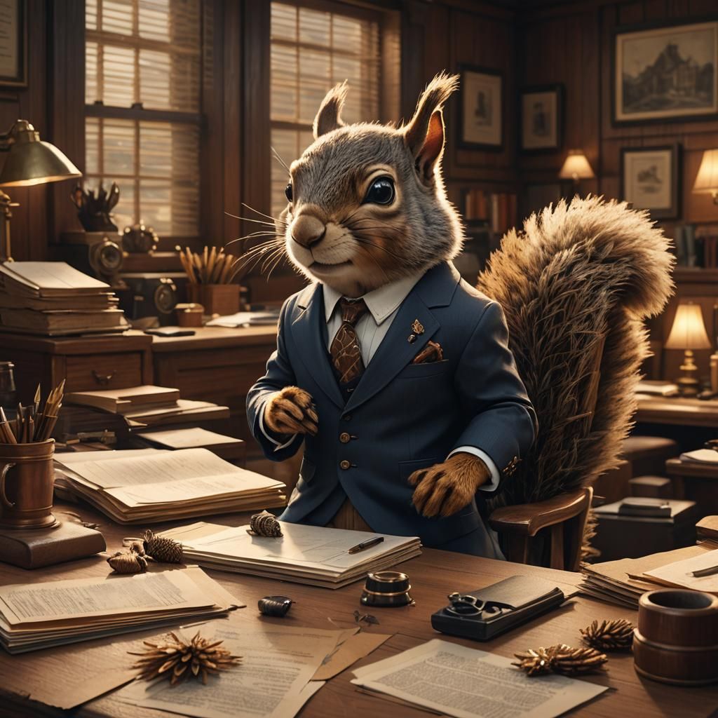 Whimsical Squirrel Scholar in Oak-Paneled Study
