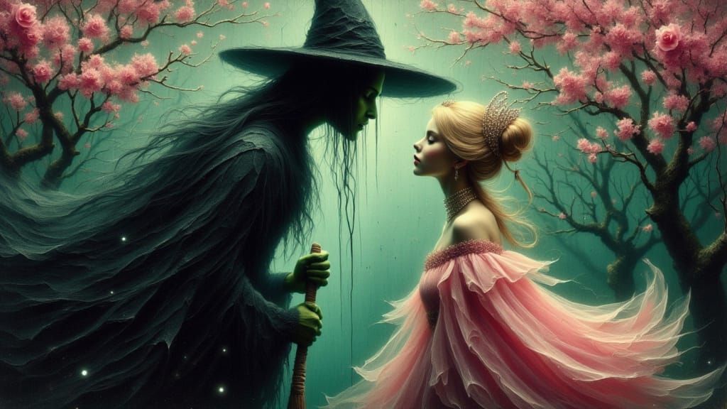 Green Witch and Blond Witch in Dramatic Oil Painting
