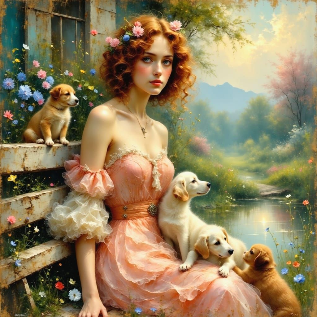 Romantic Oil Painting of Lady and Puppies in Whimsical Garde...