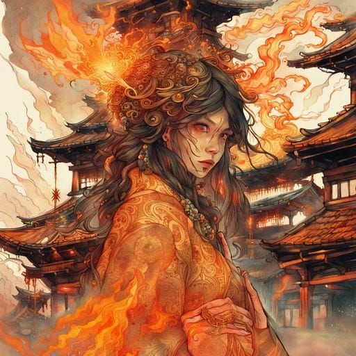 Mystical Fire Mage Against Snowy Mountain Temple Backdrop