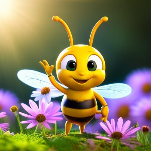 Vibrant Cartoon Bee Reigns in a Sunlit Meadow