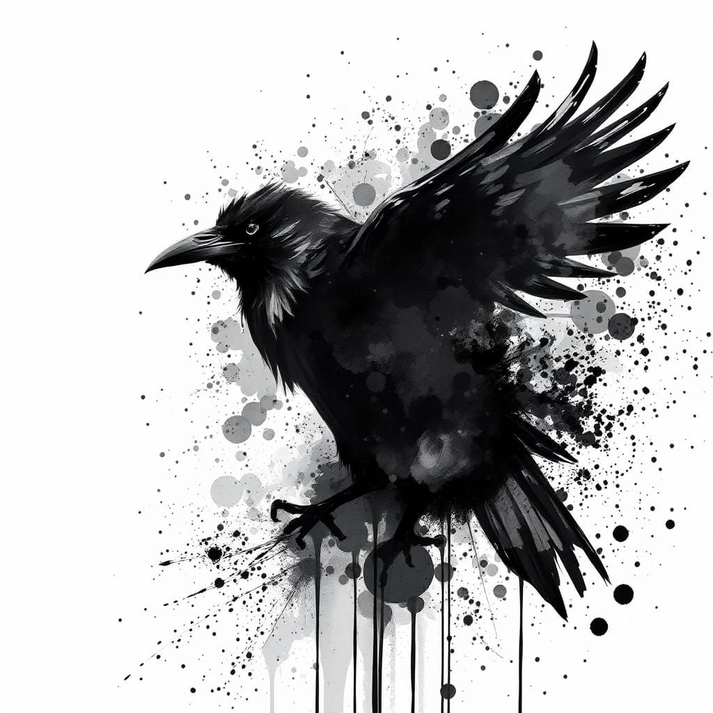 Surreal Raven Ink Splatter Artwork in Monochrome