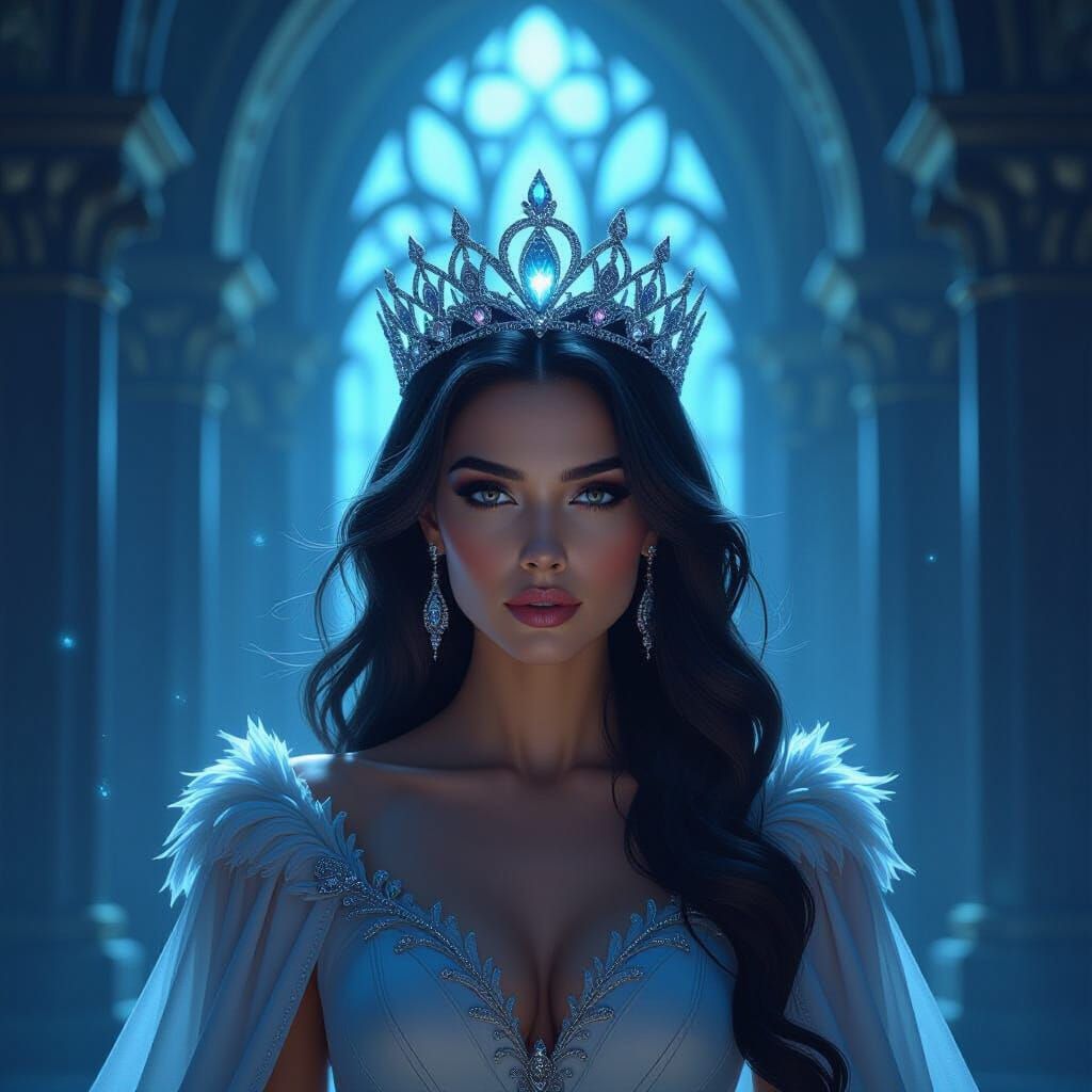 Queen in Ancient Hall with Ethereal Crystalline Tiara