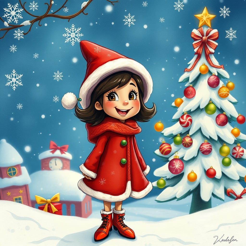 Whimsical Christmas Girl in a Winter Wonderland