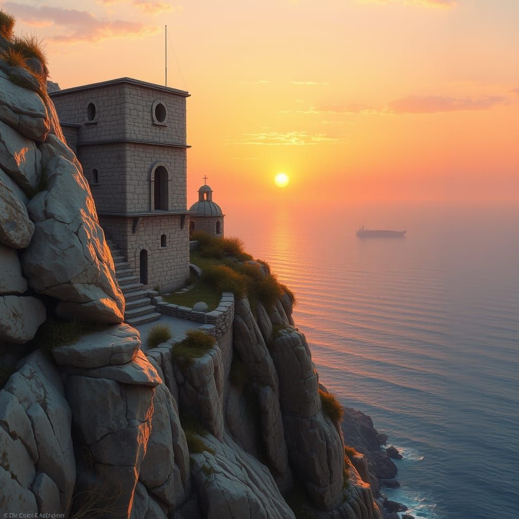 Surreal Aegean Cliffside Monastery at Sunset in James Gurney...