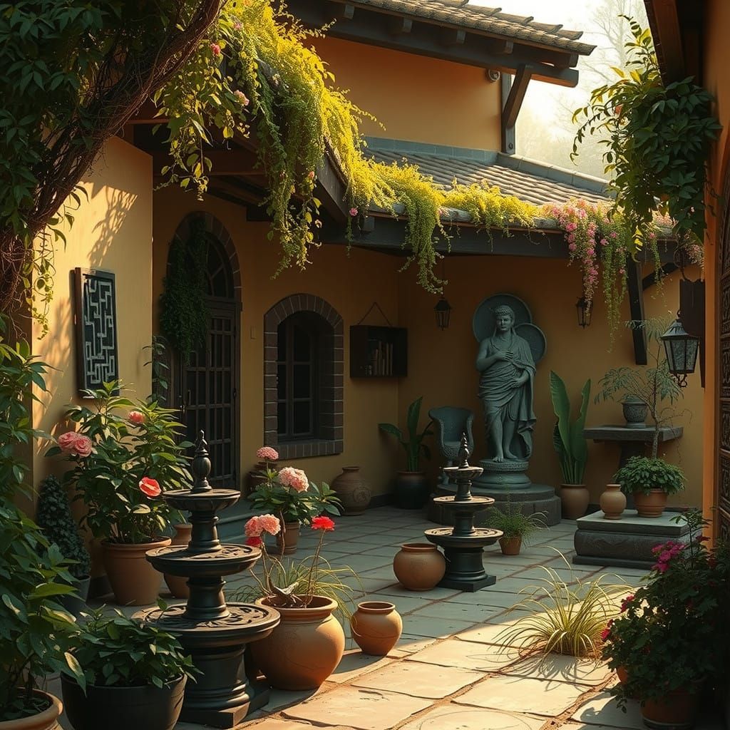 Majestic Garden Oasis with Vibrant Flowers and Whimsical Acc...