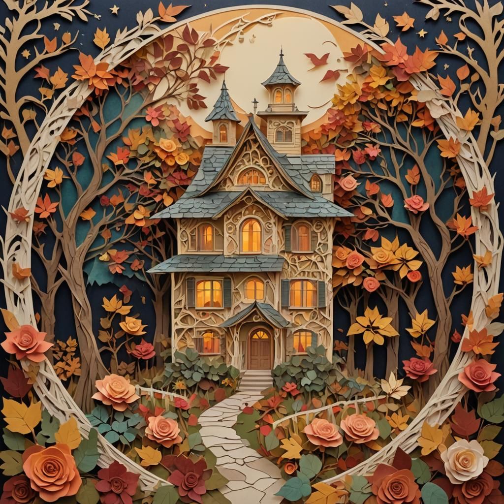 Surreal Paper Collage Art with Whimsical Autumn Scene and Mu...