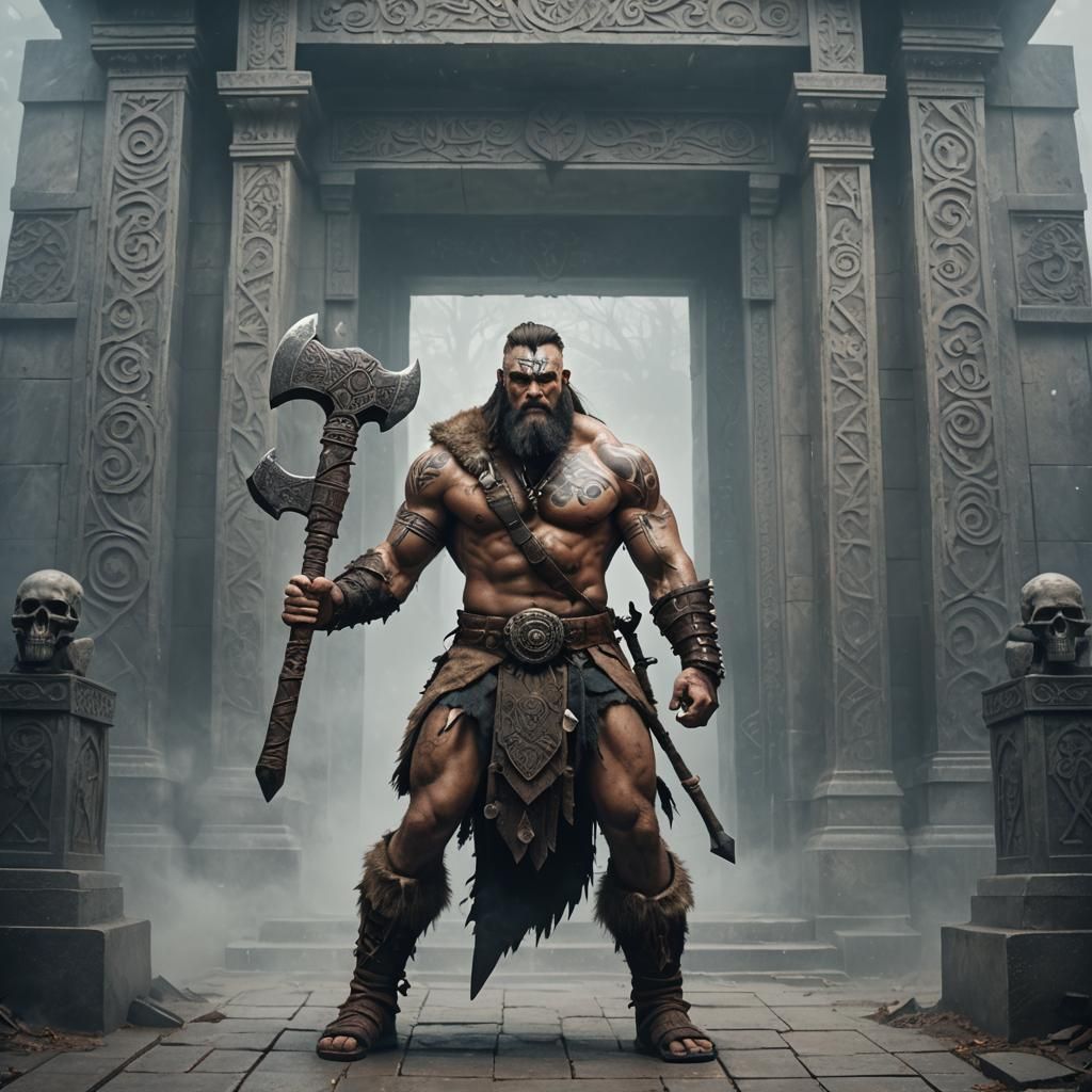 Barbarian Warrior Stands Guard Over Ancient Mausoleum