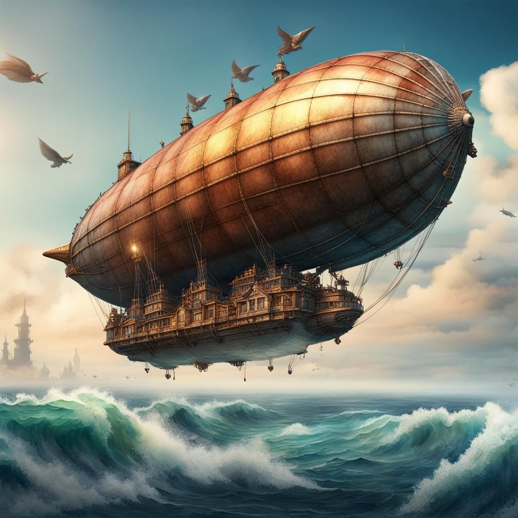 Fantastical Oceanic Airship in Vibrant Watercolor